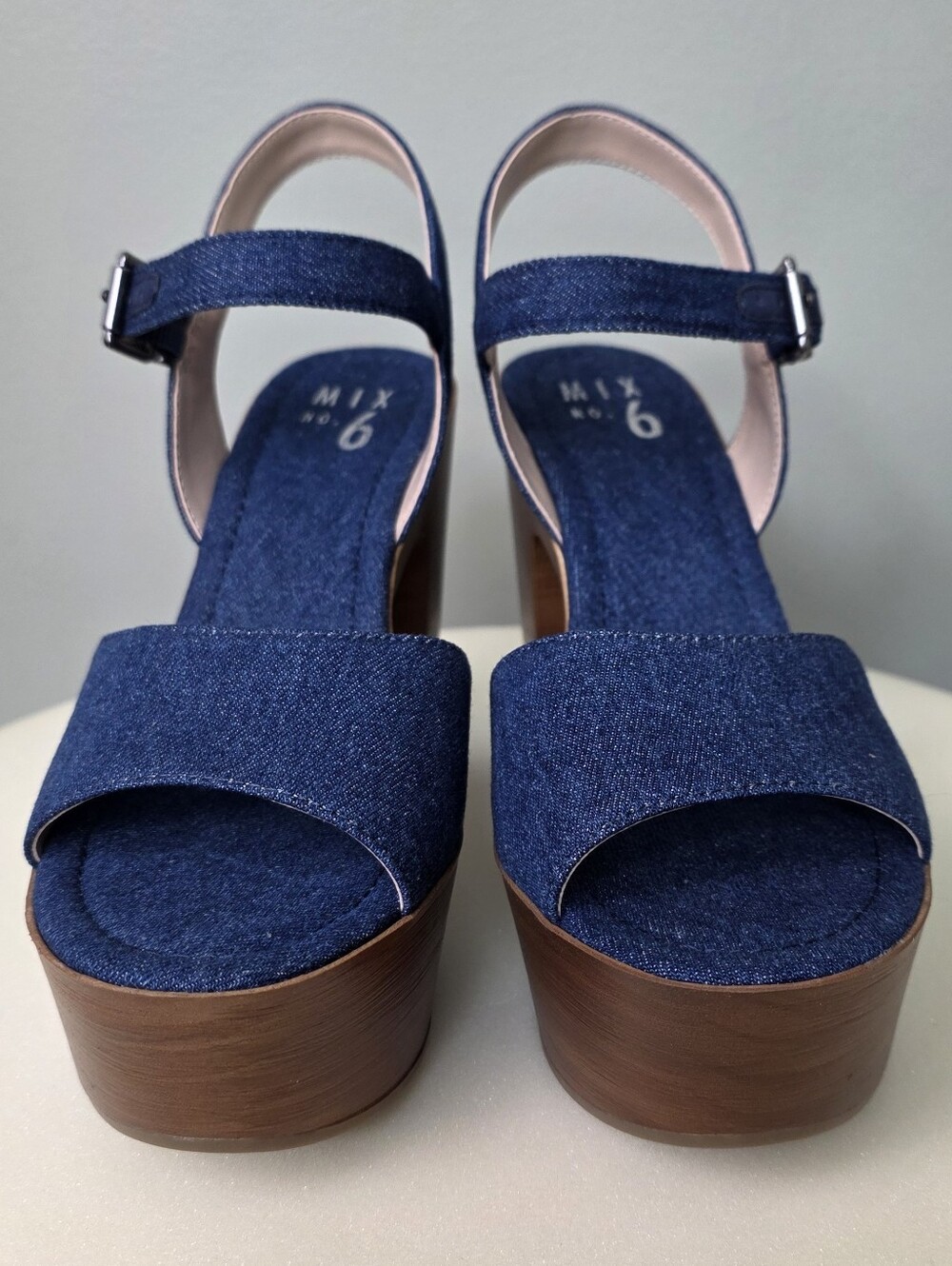 MIX No. 6 Carinda Denim Platform Sandals Indigo Blue Chunky Wood Heel 7.5M NEW - Picture 6 of 14